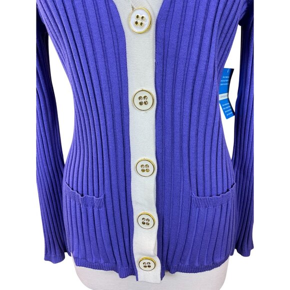 Cable & Gauge Long Sleeve Purple Ribbed Knit V-Neck White Tipped Cardigan LG NWT - Picture 3 of 8